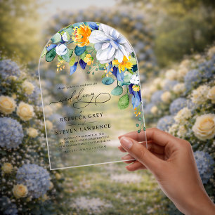 Invitations En Acrylique Élégant floral blanc bleu jaune mariage arqué