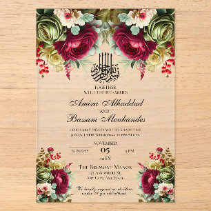 Invitations En Acrylique Élégant Floral Bourgogne Rose Mariage islamique