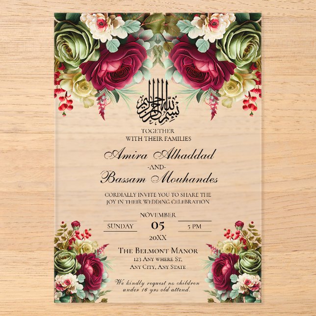 Invitations En Acrylique Élégant Floral Bourgogne Rose Mariage islamique (Recto)