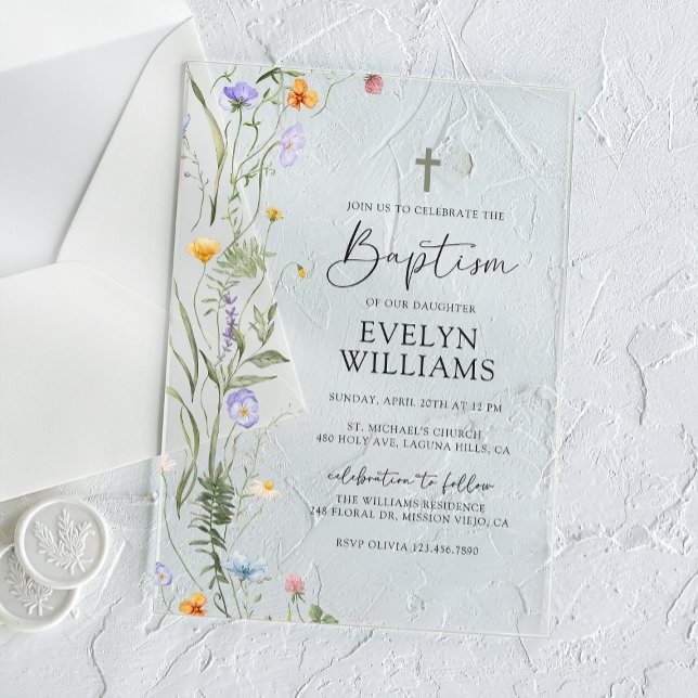 Invitations En Acrylique Élégant floral fille Baptême et Christening (Créateur téléchargé)