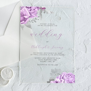 Invitations En Acrylique Élégant floral Lilac Mariage de script argent