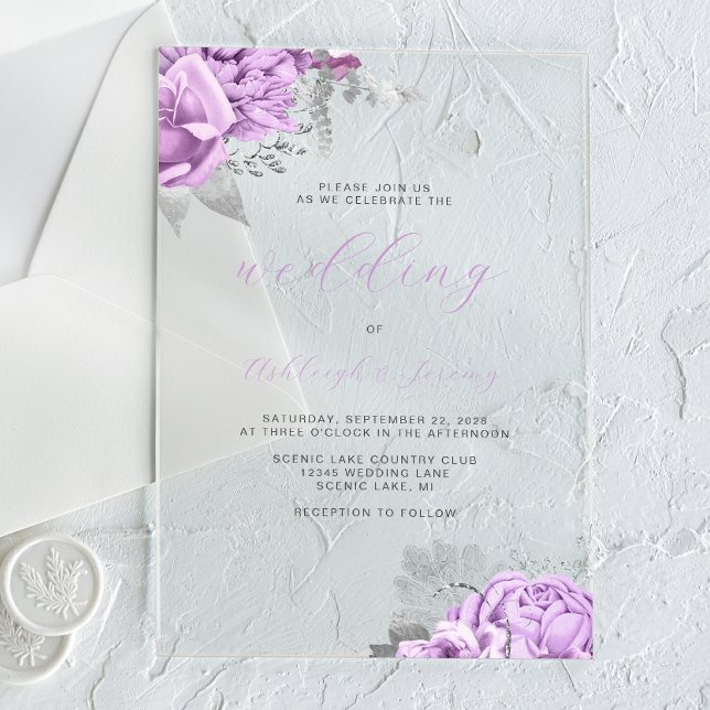 Invitations En Acrylique Élégant floral Lilac Mariage de script argent (Créateur téléchargé)