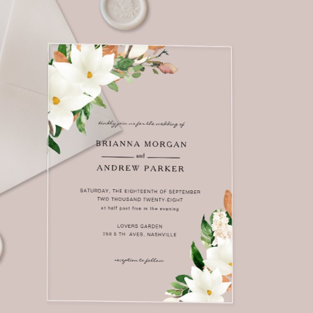 Invitations En Acrylique Elegant  Floral Magnolia (Elegant Floral Magnolia Acrylic Invitations)