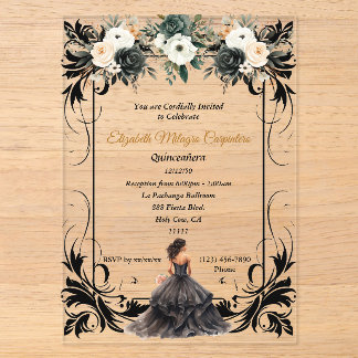 Invitations En Acrylique Élégant floral Quinceañera noir