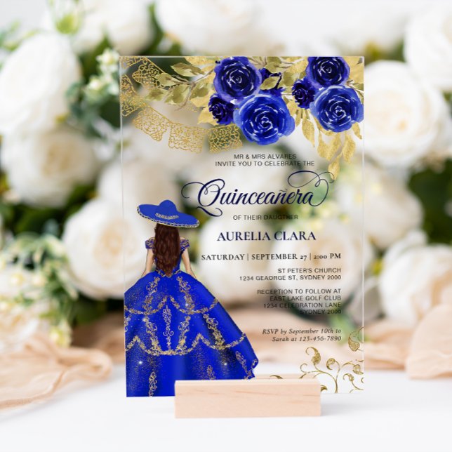 Invitations En Acrylique Elégant Floral Royal Blue Mexicain Quinceañera (Créateur téléchargé)