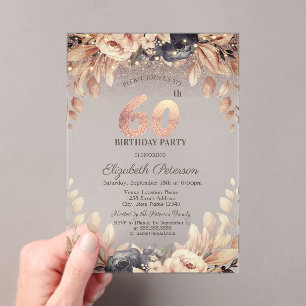 Invitations En Acrylique Élégant Floral, String Lights 60e anniversaire