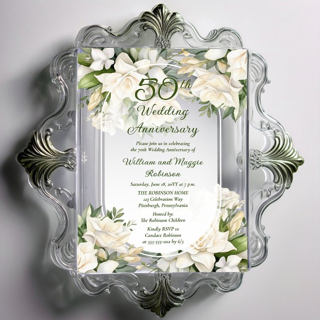 Invitations En Acrylique Elégant Gardenia Floral 50e anniversaire de Mariag (Elegant Gardenia Floral 50th Wedding Anniversary Acrylic Invitations)