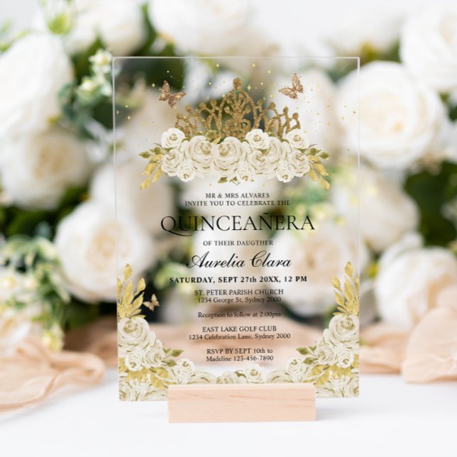 Invitations En Acrylique Elégant Glam Blanc Floral Or Tiara Quinceanera (Créateur téléchargé)