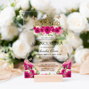 Invitations En Acrylique Élégant Glam rose Floral Or Tiara Quinceanera