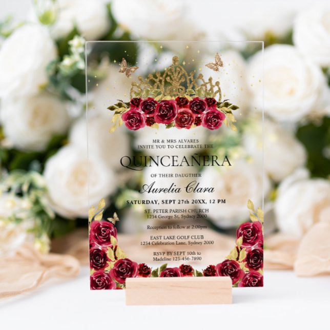 Invitations En Acrylique Élégant Glam Rouge Floral Or Tiara Quinceanera (Créateur téléchargé)