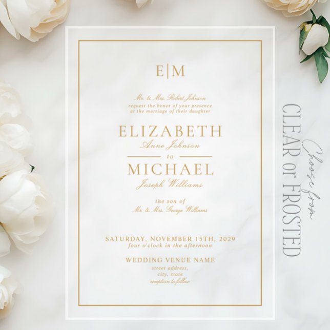 Invitations En Acrylique Élégant Gold Classic Script Monogram Mariage (Créateur téléchargé)