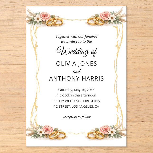 Invitations En Acrylique Elegant Gold Geometric Rustic Floral Wedding  (Recto)