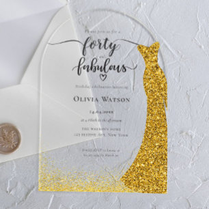 Invitations En Acrylique Elégant Gold Gown quarante fabuleux anniversaire