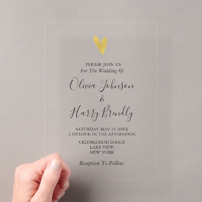 Invitations En Acrylique Elégant Gold Heart Mariage moderne (In situ (ordinateur de poche))