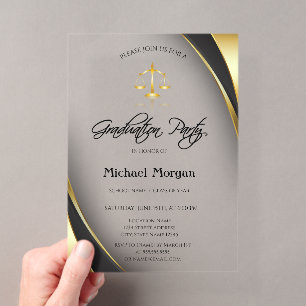 Invitations En Acrylique Elégant Gold Justice Scale Bordure Grey Graduation