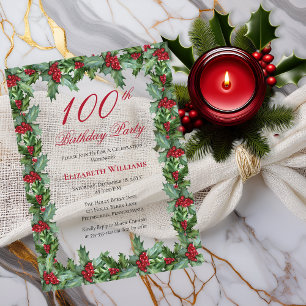 Invitations En Acrylique Elegant Holly   Berries Frame 100e fête d'annivers