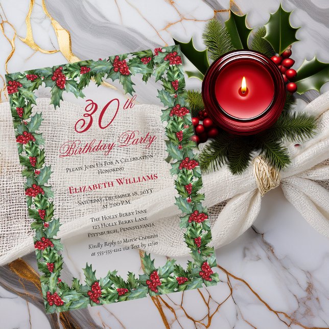 Invitations En Acrylique Elegant Holly | Berries Frame 30e fête d'anniversa (Elegant Holly and Berries Frame 30th Birthday Party Acrylic Invitations)