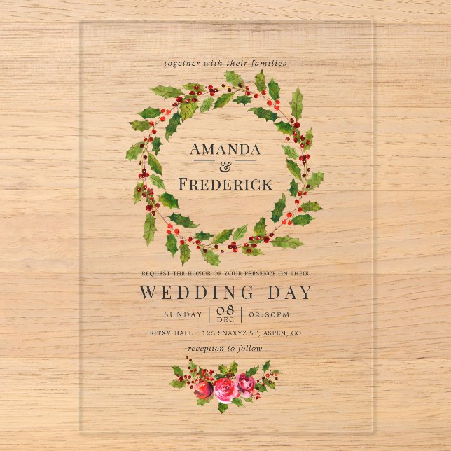 Invitations En Acrylique Élégant Holly Wreath Mariage de Noël (Recto)