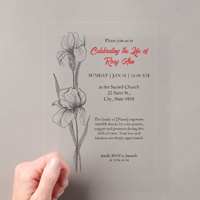 Invitations En Acrylique Elegant Iris "Celebrating the Life" Funeral (In situ (ordinateur de poche))