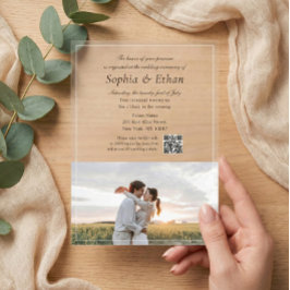 Invitations En Acrylique Elegant Italic Script Photo QR Code
