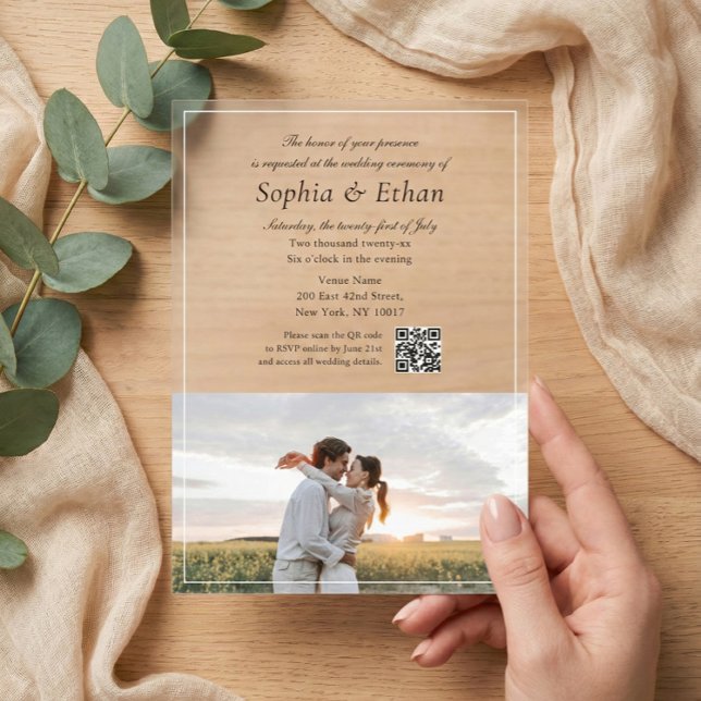 Invitations En Acrylique Elegant Italic Script Photo QR Code (Créateur téléchargé)