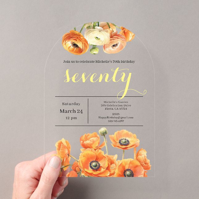Invitations En Acrylique Elégant Jardin Orange Fleurs 70e anniversaire (In situ (ordinateur de poche))