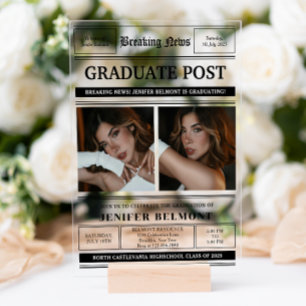 Invitations En Acrylique Elégant journal Thème 2 Photo Graduation Party