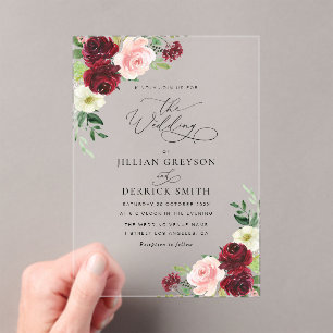 Invitations En Acrylique élégant mariage à fleurs bordeaux et rousses