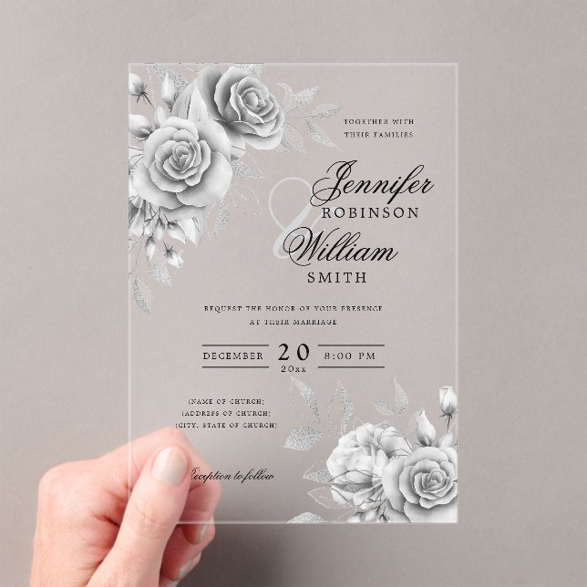 Invitations En Acrylique Elégant Mariage Argent Rose thème floral (In situ (ordinateur de poche))