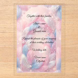 Invitations En Acrylique Élégant mariage aux plumes roses et bleues avec pe