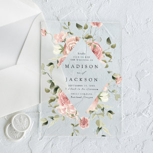 Invitations En Acrylique Élégant mariage avec des roses roses et de la verd