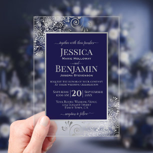 Invitations En Acrylique Élégant Mariage Bleu Nuit & Argenté Texte Stylé