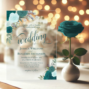 Invitations En Acrylique Élégant Mariage Bohème Chic Roses Saphyrine et Aqu