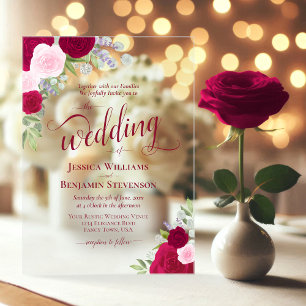 Invitations En Acrylique Élégant Mariage Bohème Roses Magenta et Rose
