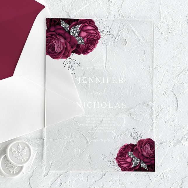 Invitations En Acrylique Élégant Mariage Bourgogne Floral Peonies (Elegant Burgundy Floral Peonies Wedding Acrylic Invitations)