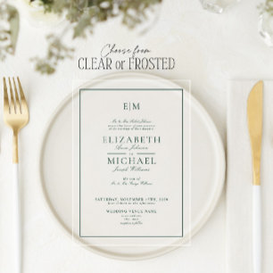 Invitations En Acrylique Élégant Mariage Classique au Monogramme Vert Émera