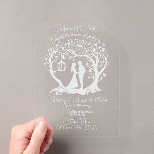 Invitations En Acrylique Elégant Mariage Couple Tree encadré blanc
