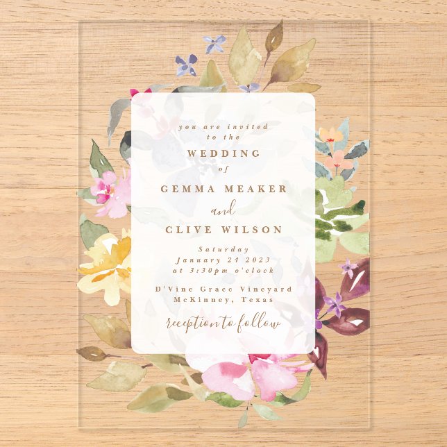 Invitations En Acrylique Elégant Mariage d'aquarelle de printemps (Recto)