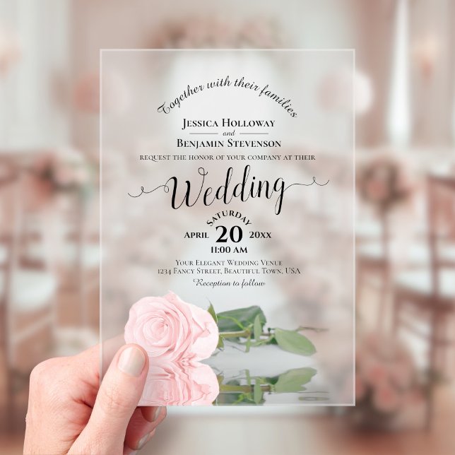 Invitations En Acrylique Élégant Mariage de calligraphie rose rose rose (Frosted with Rectangle Cut)