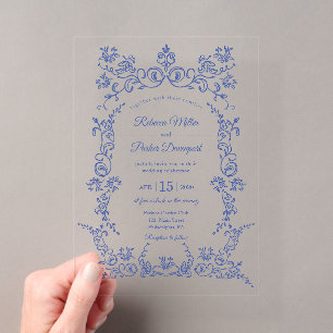 Invitations En Acrylique Élégant Mariage de chinoiserie bleu et blanc