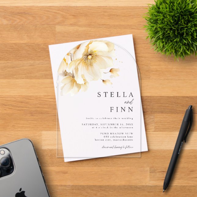 Invitations En Acrylique Élégant Mariage de fleurs blanches (Insitu (Carte d'invitation))