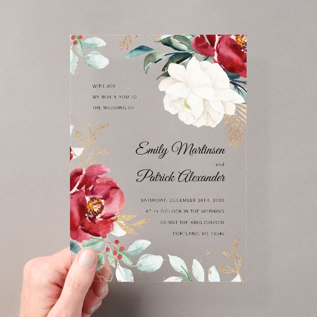 Invitations En Acrylique Élégant Mariage de Noël Floral d'hiver (In situ (ordinateur de poche))