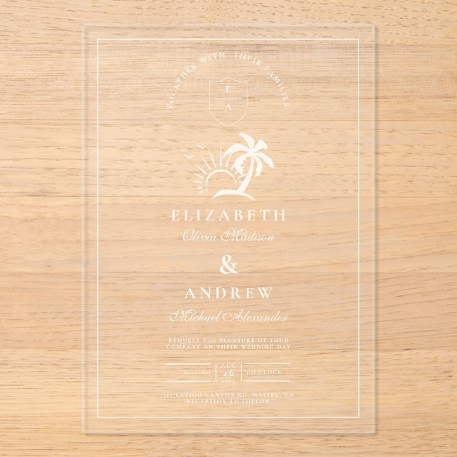 Invitations En Acrylique Élégant Mariage de palmier à main (Recto)