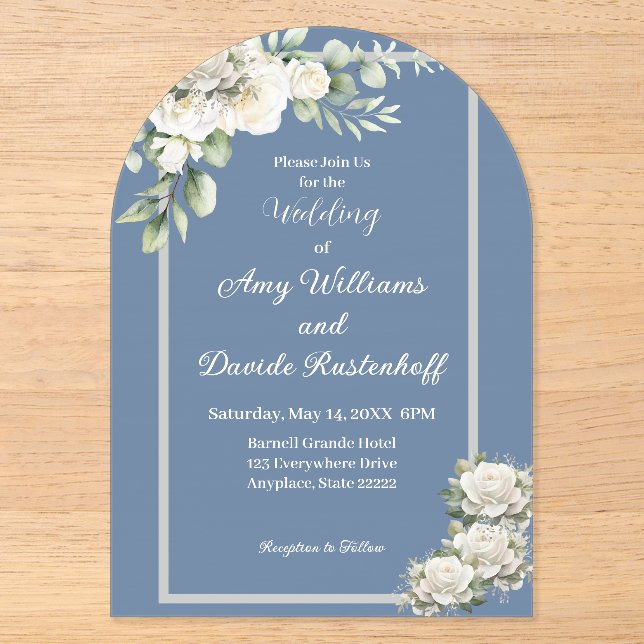 Invitations En Acrylique Elégant Mariage de Roses Bleues Dusty (Recto)