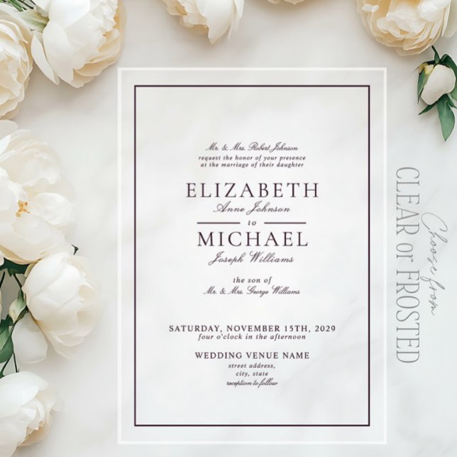 Invitations En Acrylique Élégant Mariage de script classique violet (Créateur téléchargé)