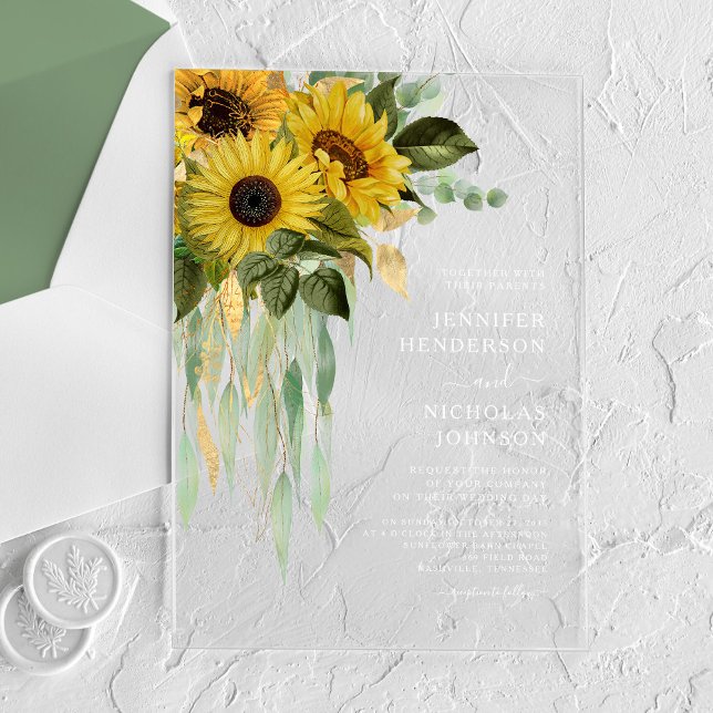 Invitations En Acrylique Elégant Mariage de tournesol Eucalyptus (Elegant Sunflower Eucalyptus Wedding Acrylic Invitations)