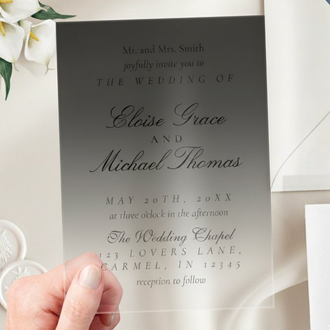 Invitations En Acrylique Élégant Mariage Dégradé Noir Écriture Neutre (Invite guests to your big day with this Elegant Script Gradient Wedding Acrylic Invitation!)