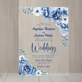 Invitations En Acrylique Élégant Mariage Floral Bleu