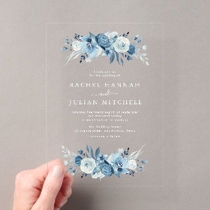 Invitations En Acrylique Elégant mariage floral bleu aquarelle