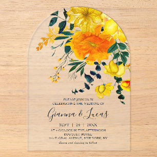 Invitations En Acrylique Élégant mariage floral botanique aquarelle jaune